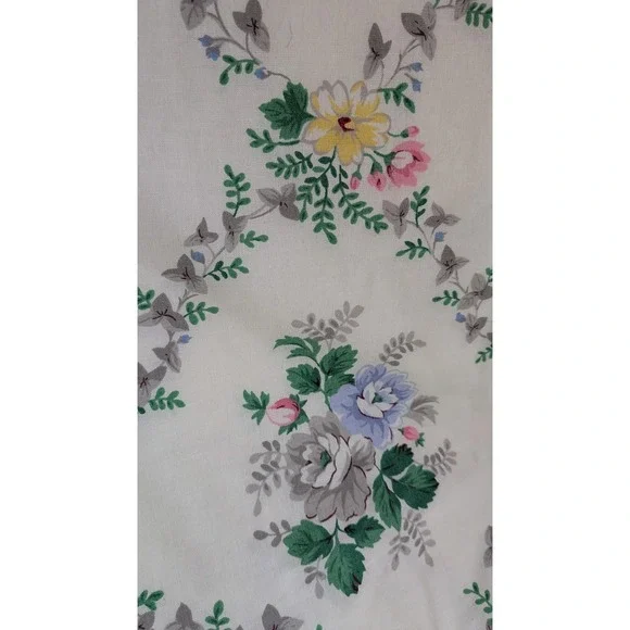 Vintage Floral Trellis Fabric Blue Stripe Border Pink Roses Cotton 132"x53" - Picture 7 of 11